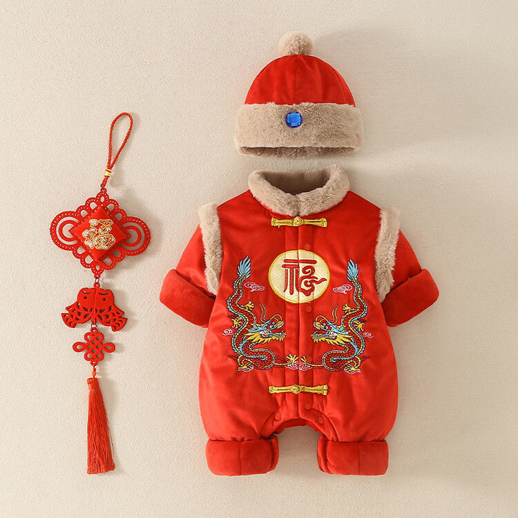 婴儿连体衣宝宝新年装新生儿爬爬服过年衣服中国风哈衣冬装拜年服
