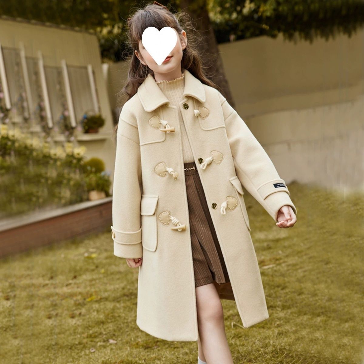 女童呢大衣外套2023秋冬款中大童洋气牛角扣羊绒呢大衣外套中长款