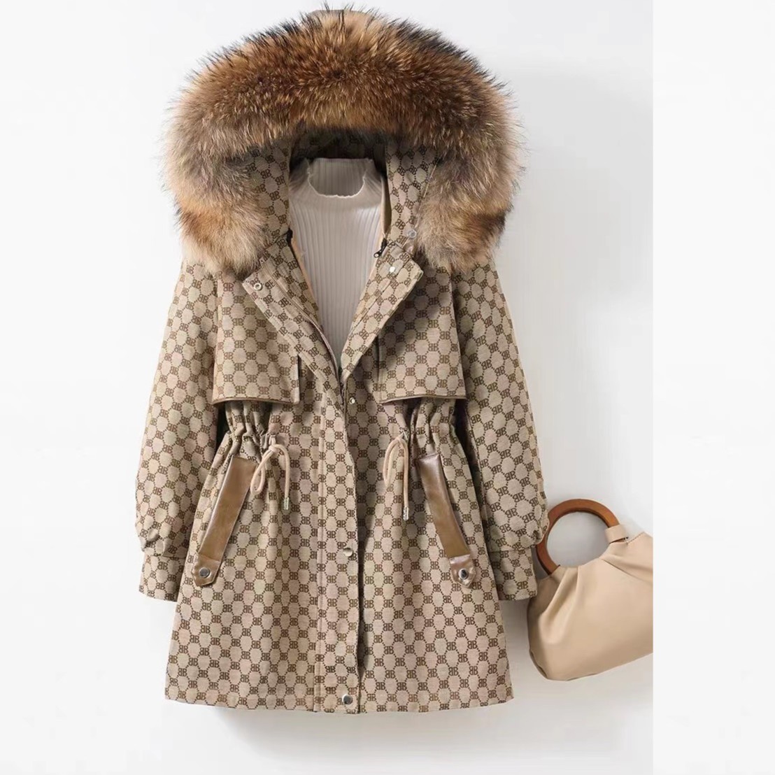 【匠心】格子新款派克服 25016冬季抗寒保暖神器时尚连帽中长款加厚