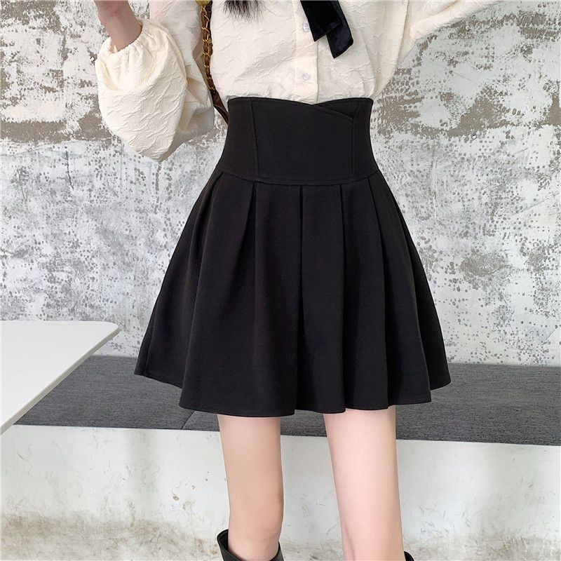 百褶裙女黑色毛呢半身裙秋冬2023新款高腰A字短裙显瘦蓬蓬伞裙子