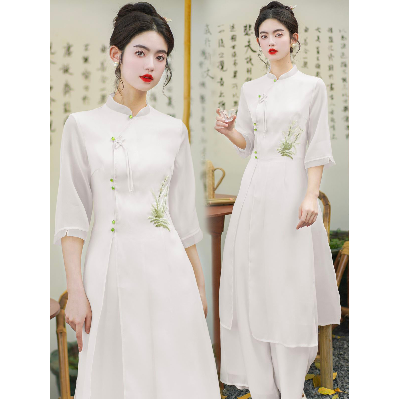 新中式茶服春夏仙气刺绣改良汉服旗袍唐装上衣连衣裙裤两件套装女