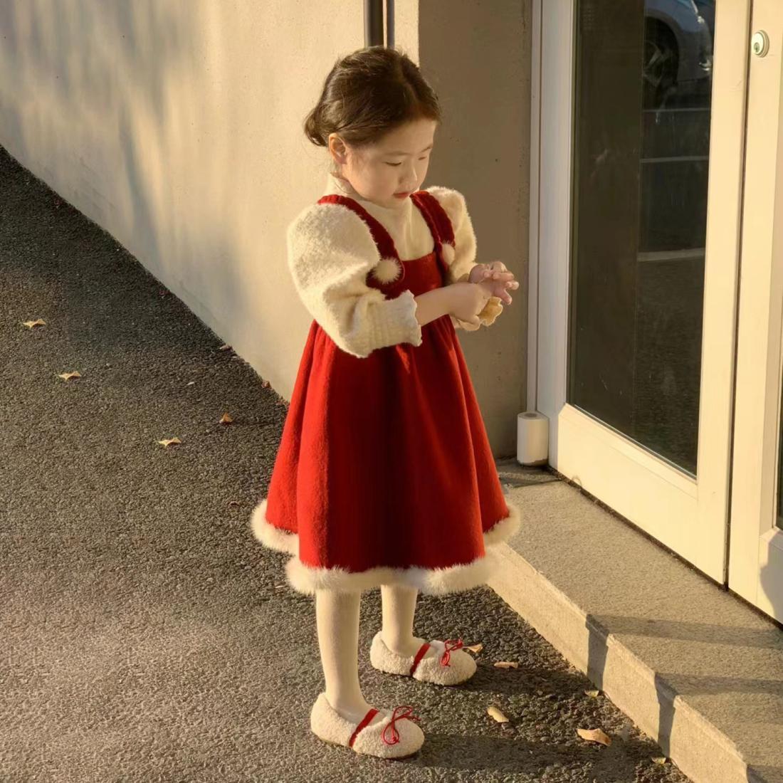 巴拉拉女童拜年服洋气冬款女童公主裙宝宝周岁红色礼服套装加厚新