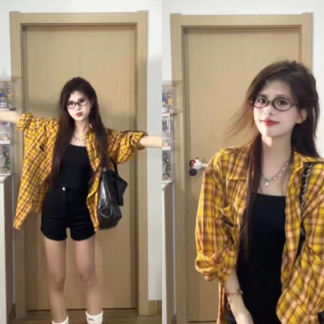 慵懒风韩版黄色显瘦格子Polo领衬衫女装气质早秋小众休闲宽松长