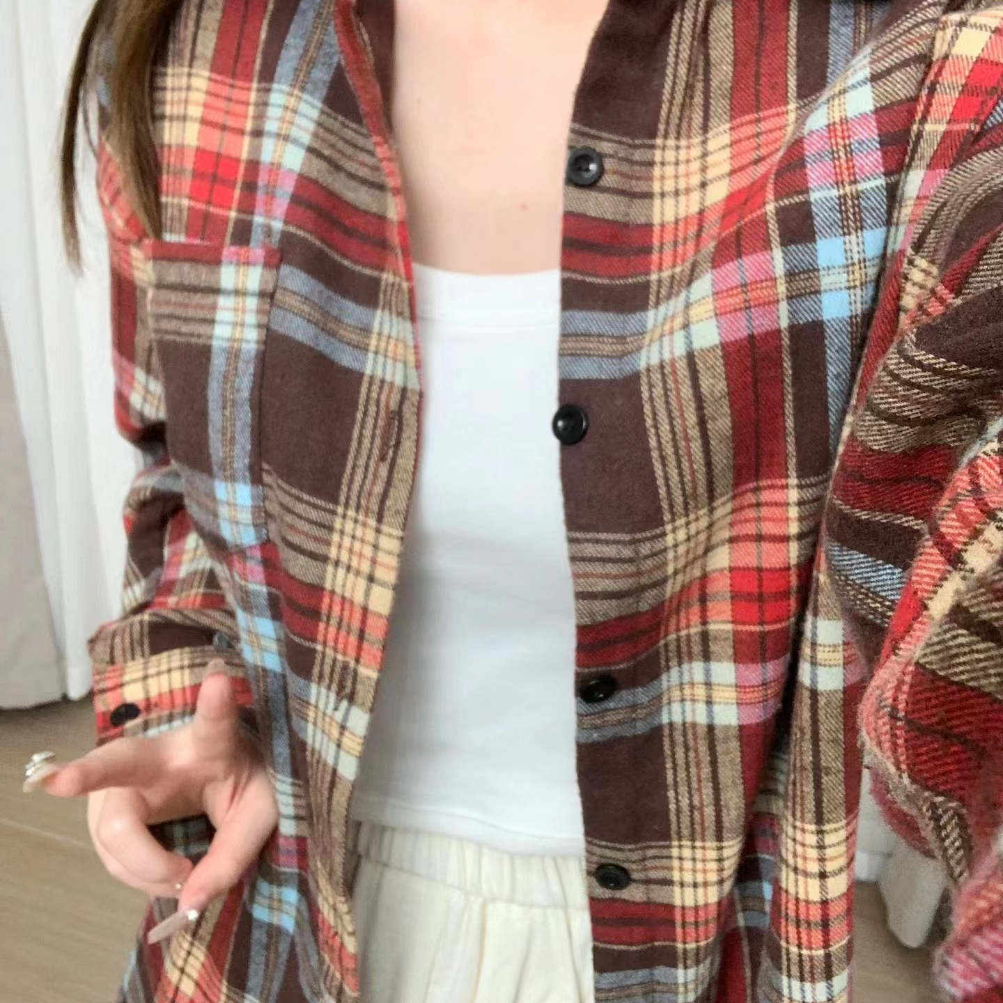 vintage美式夏季复古格子衬衫女新款宽松长袖Polo领衬衣情侣外套