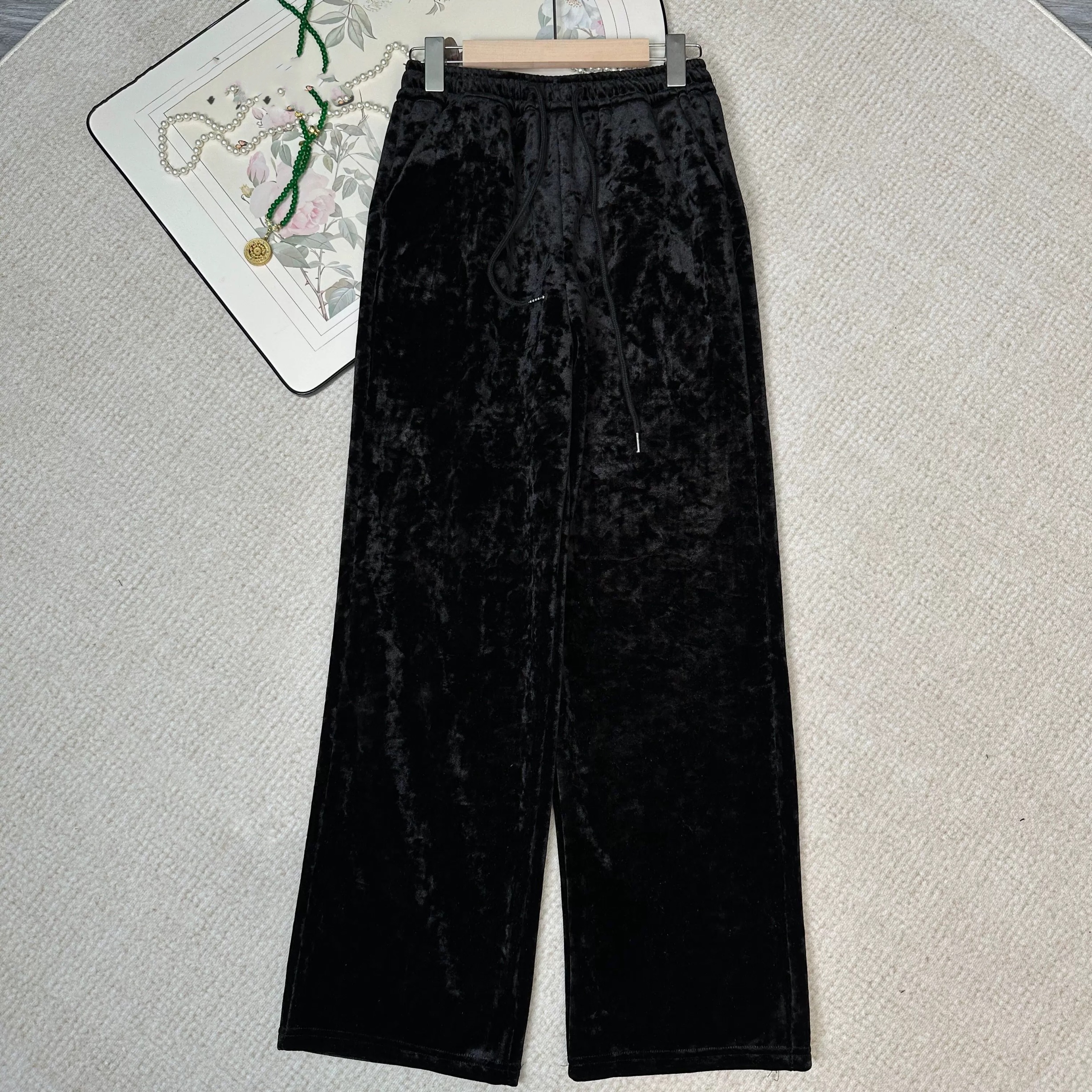 沐婵新中式国风松紧腰丝绒女裤子垂感休闲裤显瘦加绒