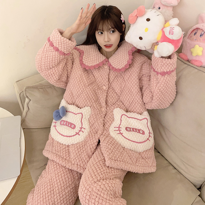 夹棉睡衣女珊瑚绒冬季新款加绒加厚三层棉袄保暖甜美家居服粉色秋