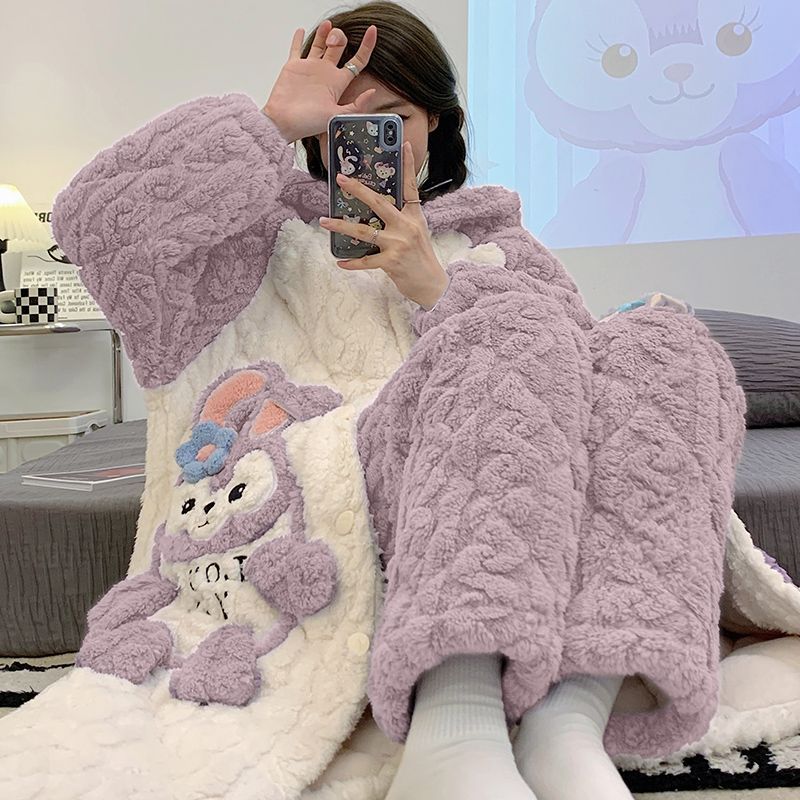 睡袍女冬季睡衣三层夹棉加厚加绒中长款家居服套装珊瑚绒连帽浅紫