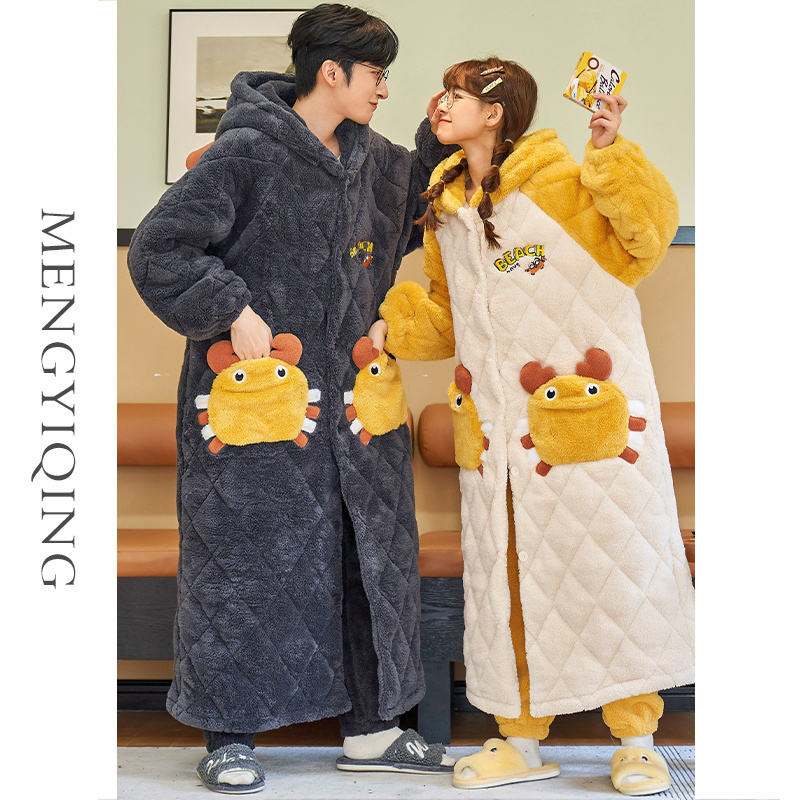 睡袍女冬长款三层夹棉珊瑚绒加绒加厚冬季螃蟹法兰绒情侣睡衣男士