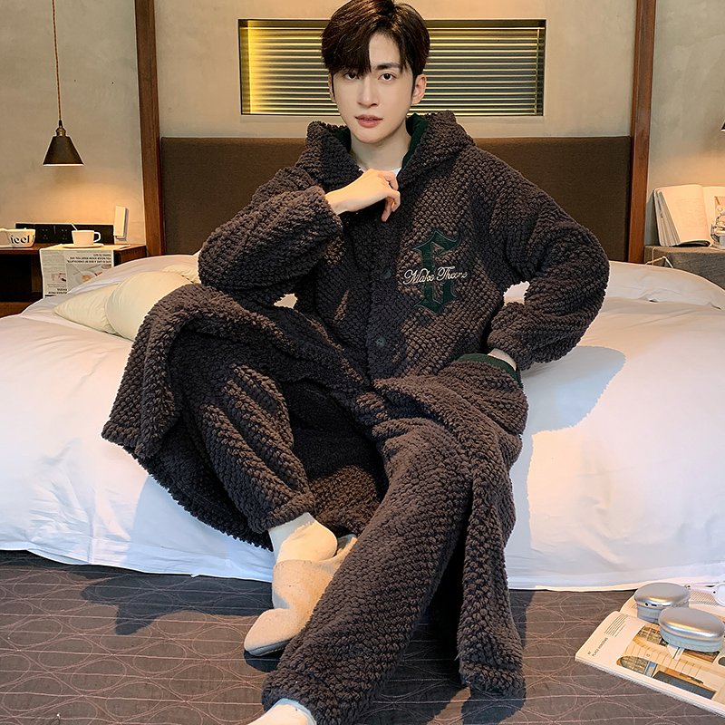 睡袍男士珊瑚绒秋冬新款加绒加厚连帽中长款法兰绒休闲宽松家居服