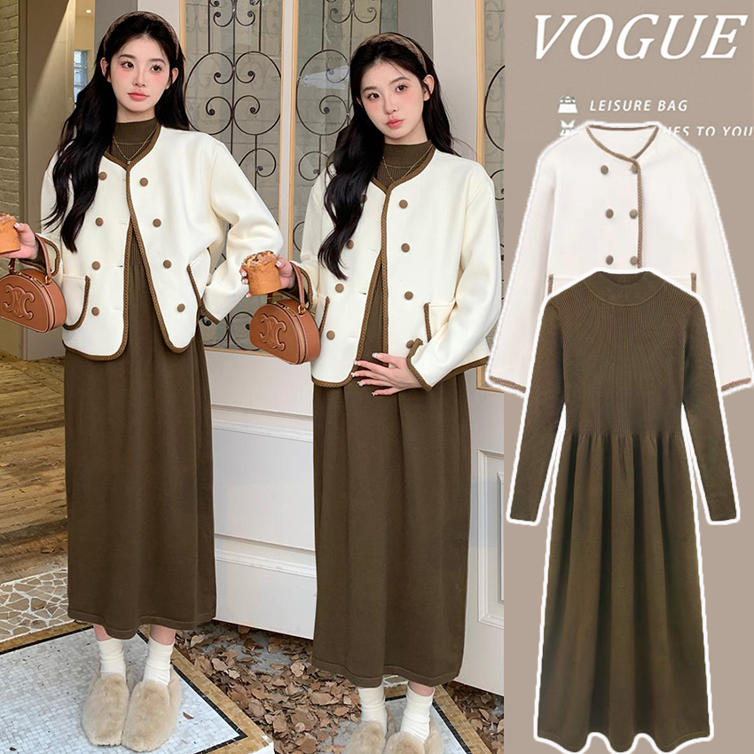 孕妇连衣裙秋季新款时尚杏色打底针织裙+小香外套小香风春秋显瘦