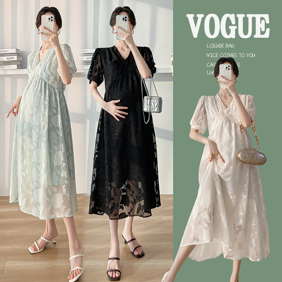 2024孕妇碎花蕾丝V领连衣裙洋气夏季新款孕妈咪连衣裙气质仙女