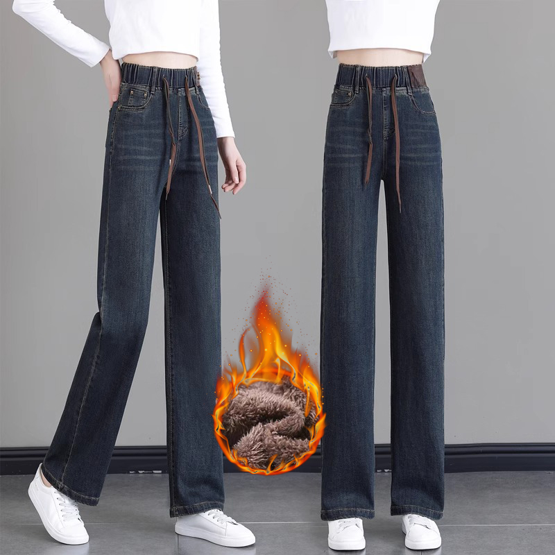 加绒加厚高腰牛仔裤女松紧腰保暖大码胖mm冬季直筒阔腿裤百搭显瘦