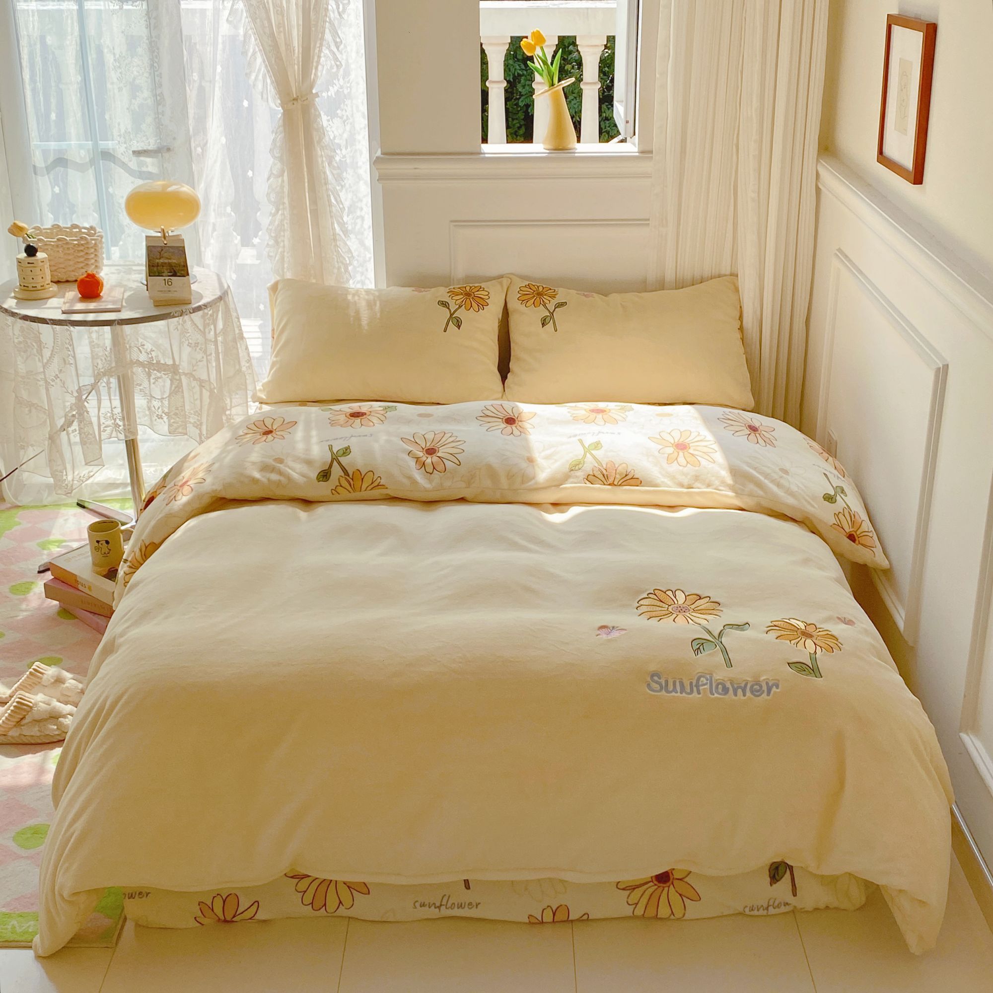 左柚家丨向日葵  小清新黄色少女心加绒刺绣四件套冬季保暖床品