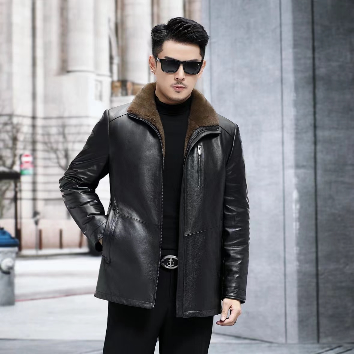 海宁男士头层牛皮皮衣加貂绒加厚冬季加绒保暖外套2309秋冬夹克