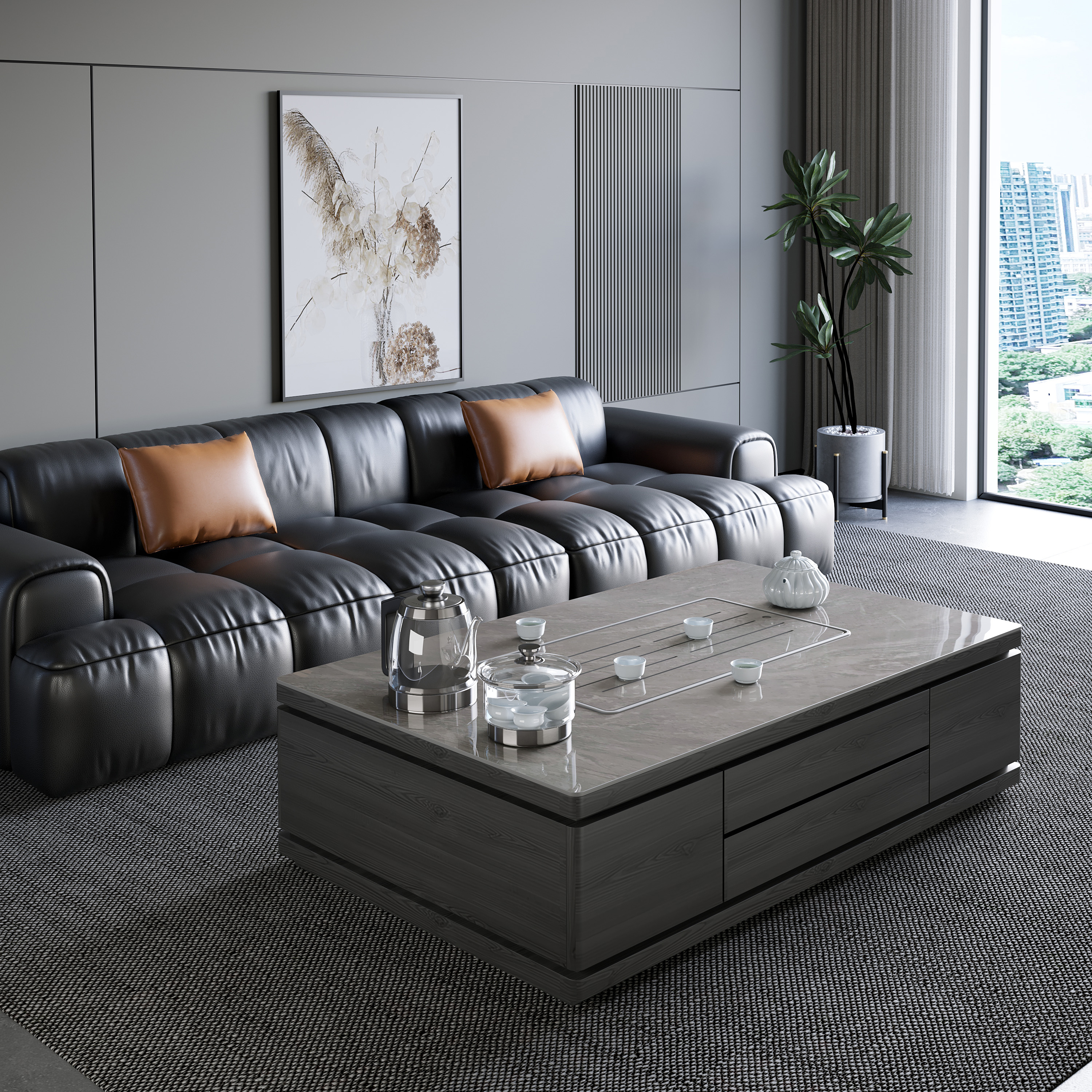 50公分高泡茶客厅意式极简岩板家用长方形茶几电视柜组合现代简约