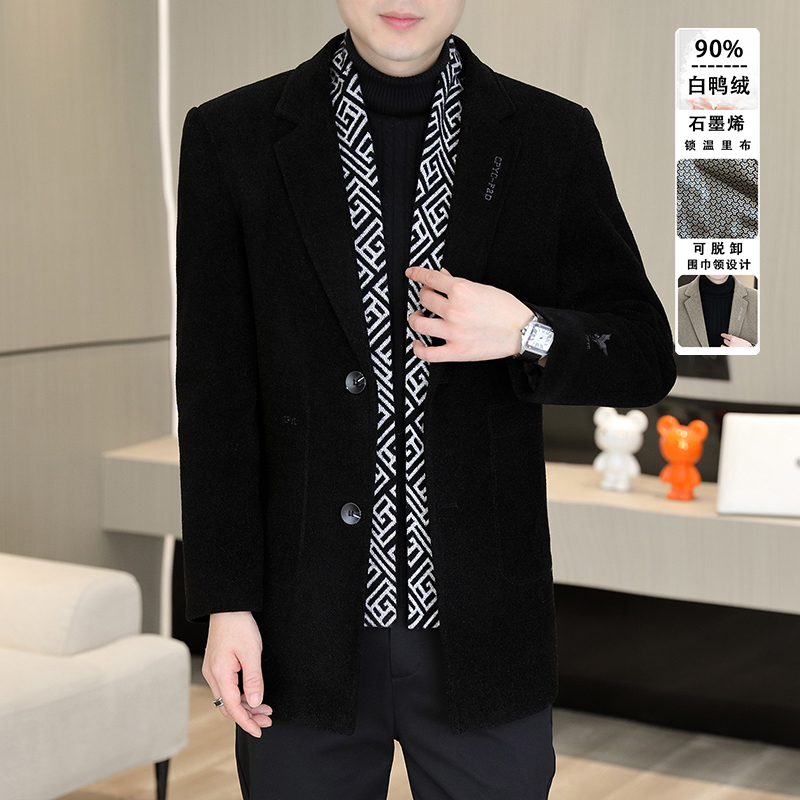 冬季新款男士中长款毛呢羽绒服潮流休闲时尚可脱卸围巾白鸭绒外套