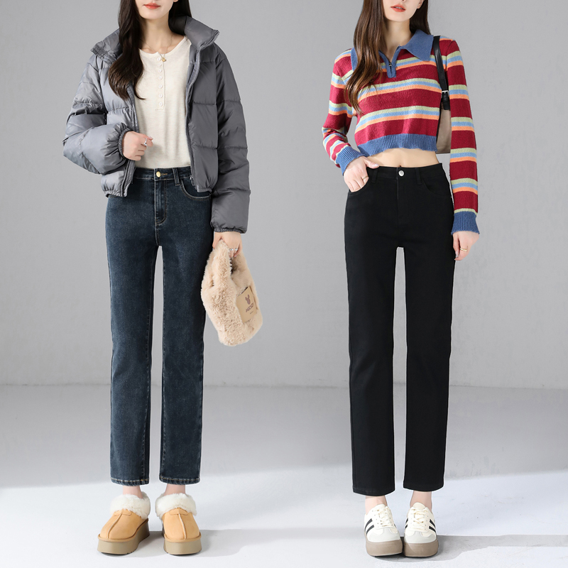 高腰2024春秋季宽松直筒牛仔裤女新款黑色窄版烟管弹力小个子裤子