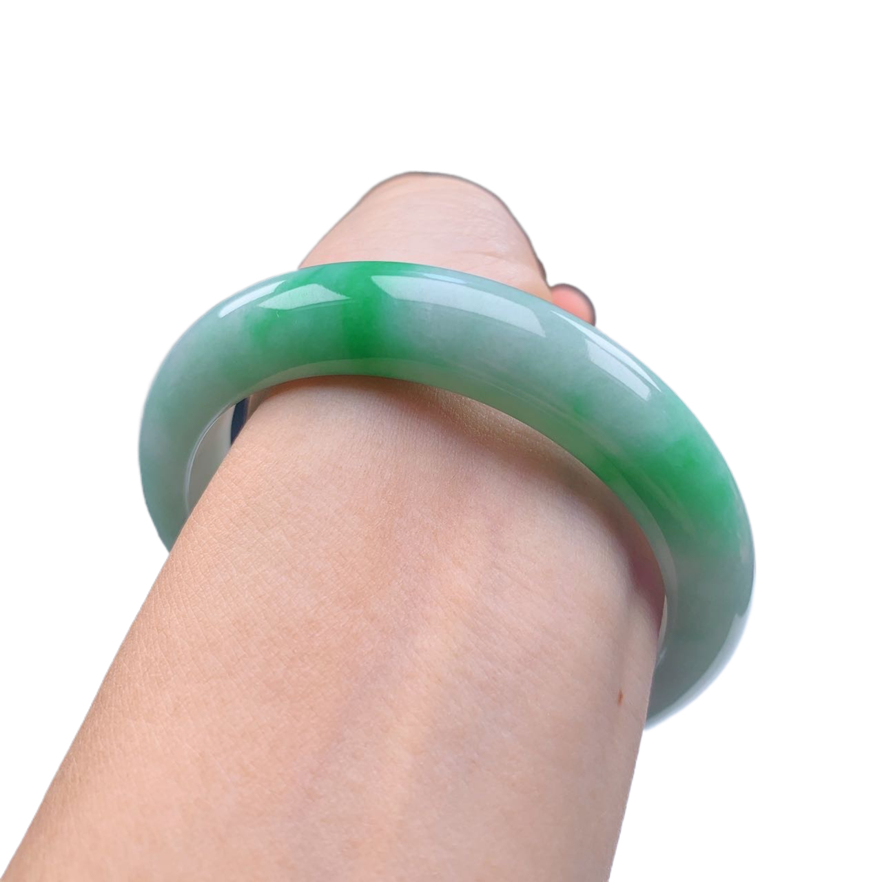 缅甸天然翡翠A货58圈口糯冰种飘辣阳绿正圈手镯女款001387