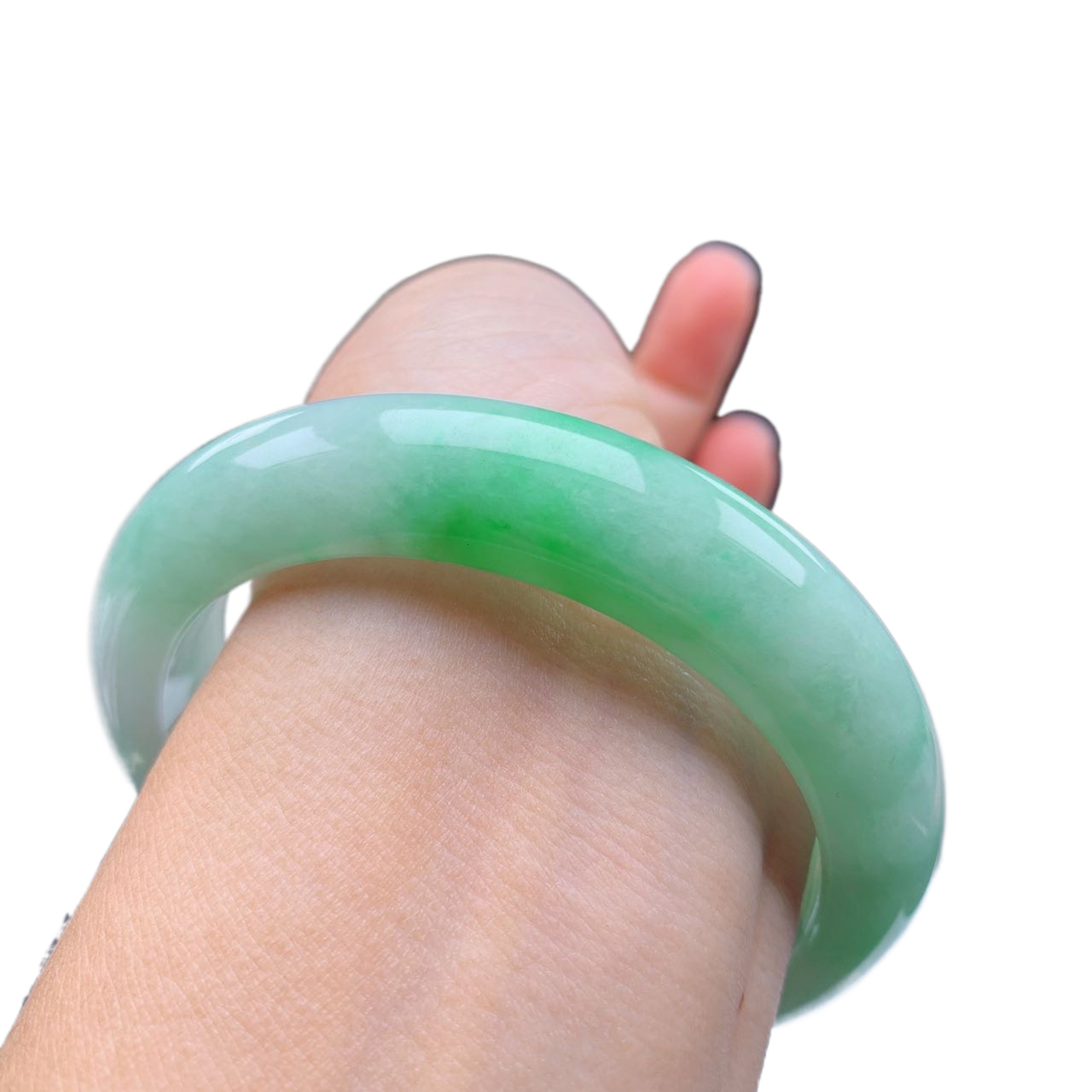 缅甸天然翡翠A货57圈口细糯种满绿飘阳绿厚装正圈手镯女款001610