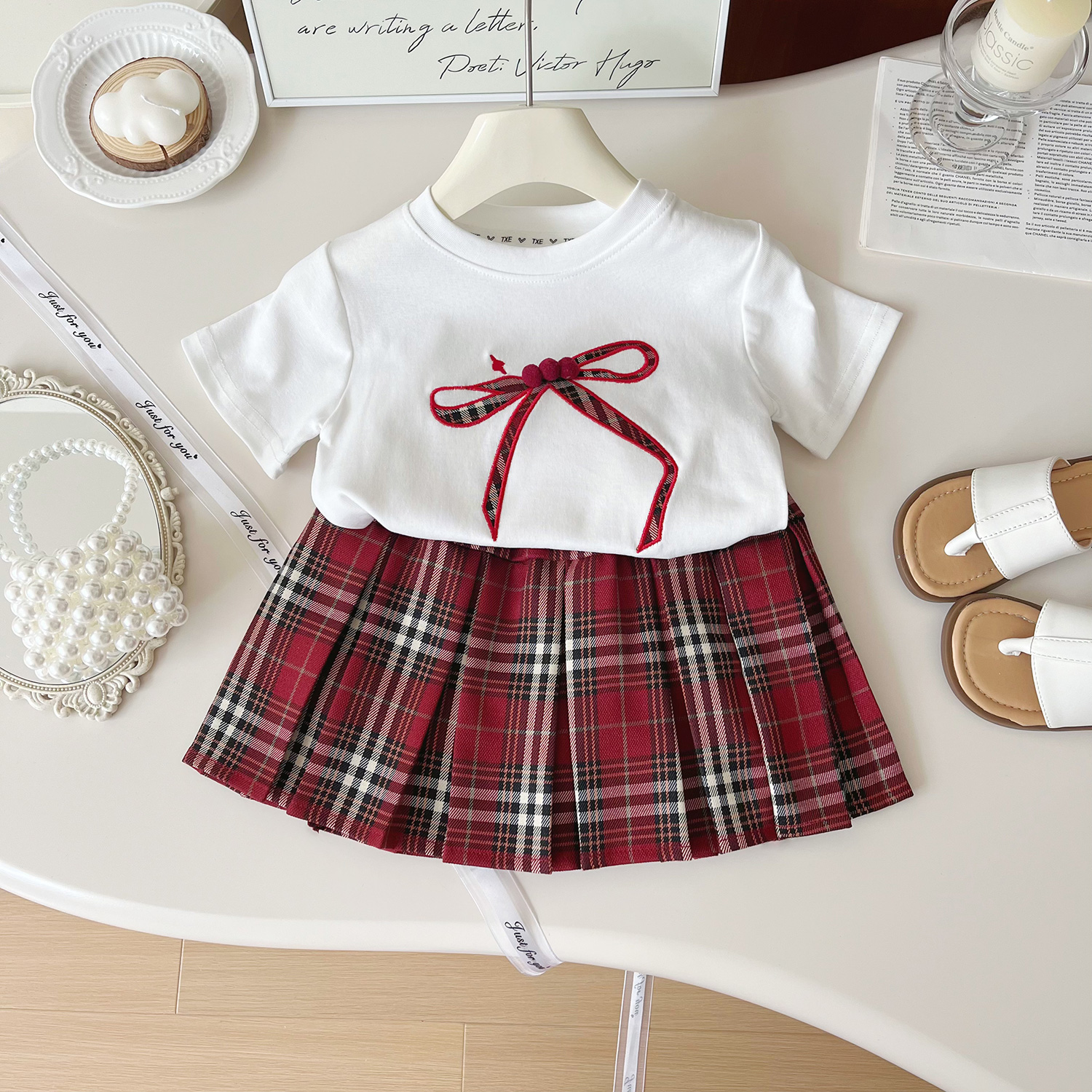 2024夏季新款韩版时尚女童学院风上衣百褶裙套装20095