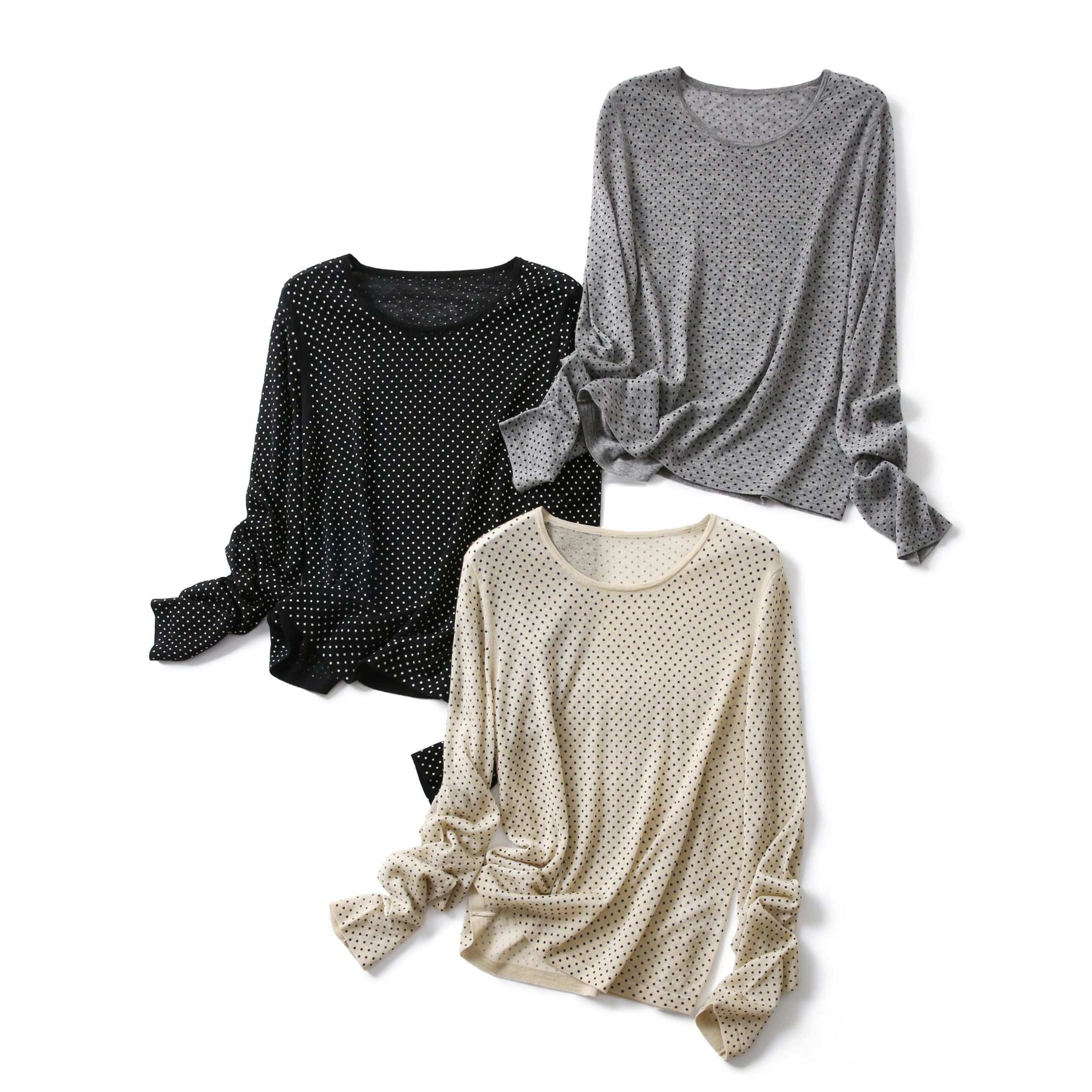 波点印花圆领长袖女装上衣T恤