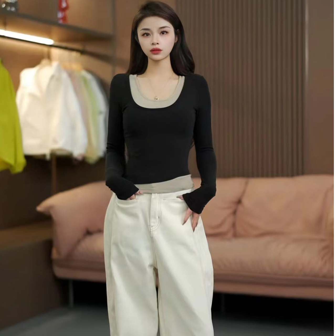 假两件修身打底衫不规则拼接显瘦内搭上衣圆长袖百搭纯色简约