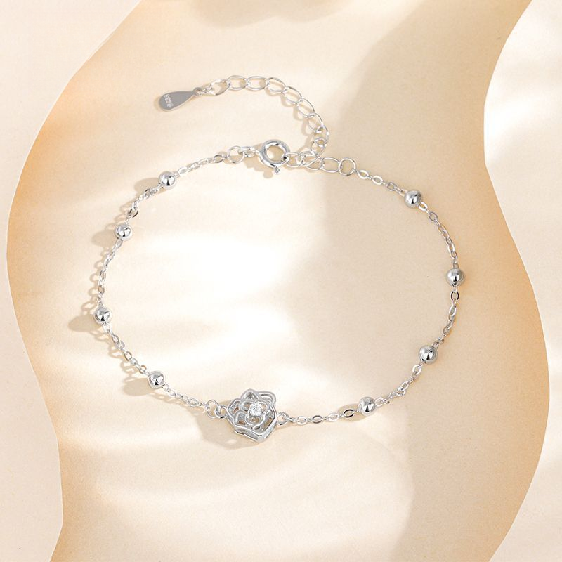 925银手链 纯银圆珠玫瑰花手链女款时尚轻奢精致镂空花朵气质