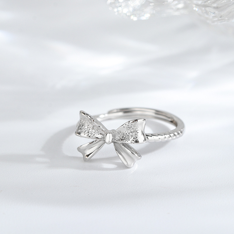 925银戒指 纯银蝴蝶结戒指女钉砂闪闪超仙甜美开口戒指气质简约
