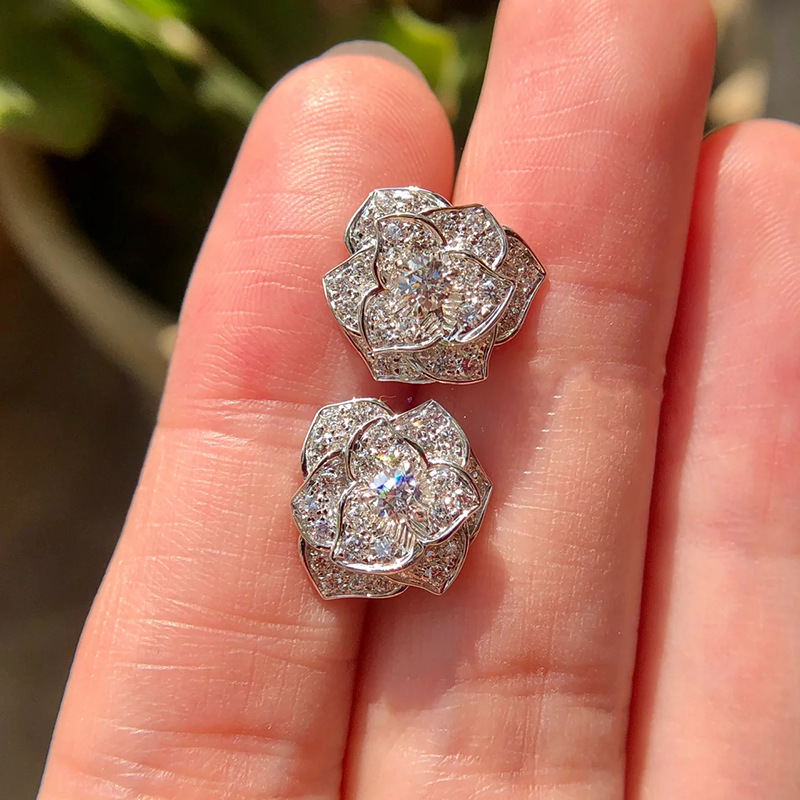 925银耳饰 纯银镶钻玫瑰花耳钉女时髦百搭淑女气质显高级感山茶花