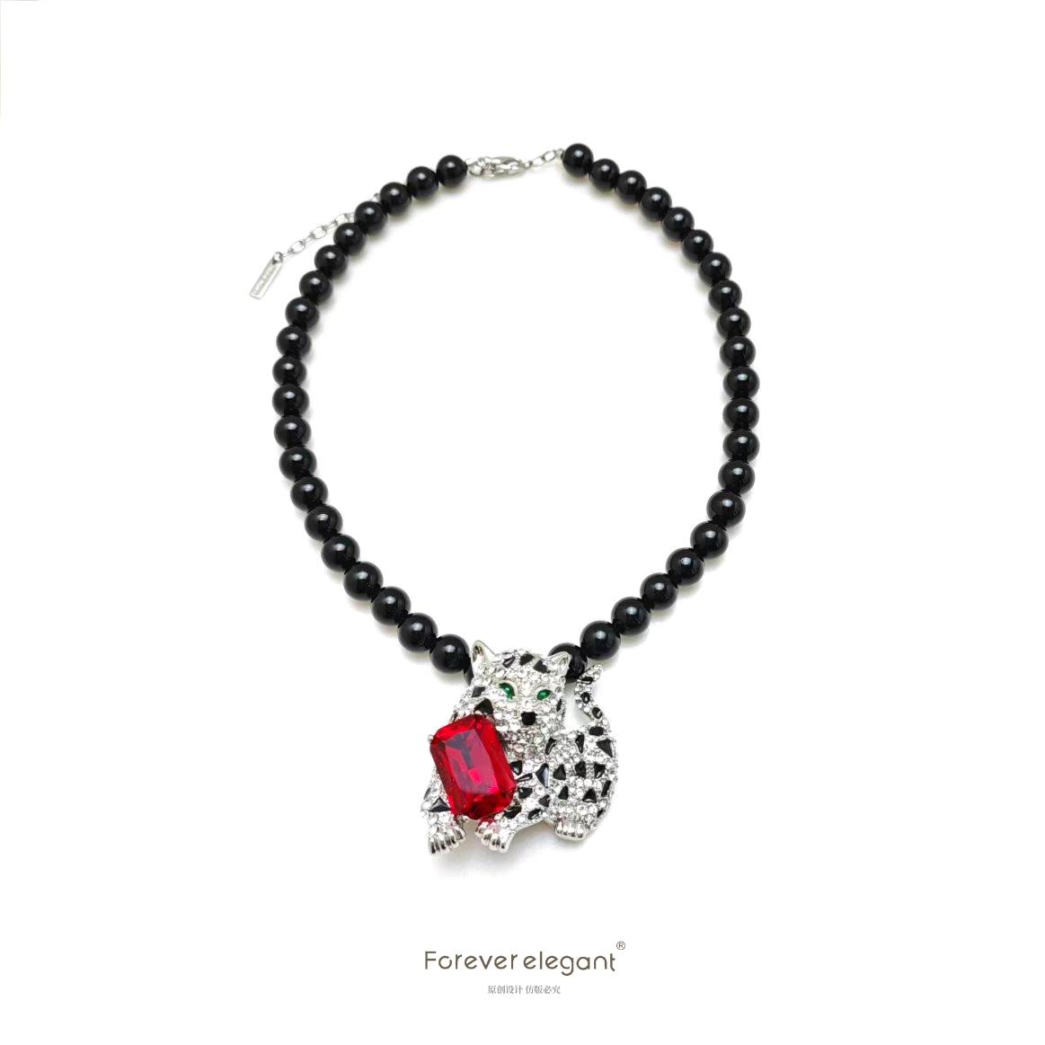 铜合金仿珍珠项链 彩色镶嵌红色时尚豹子大气精致项链-拥豹