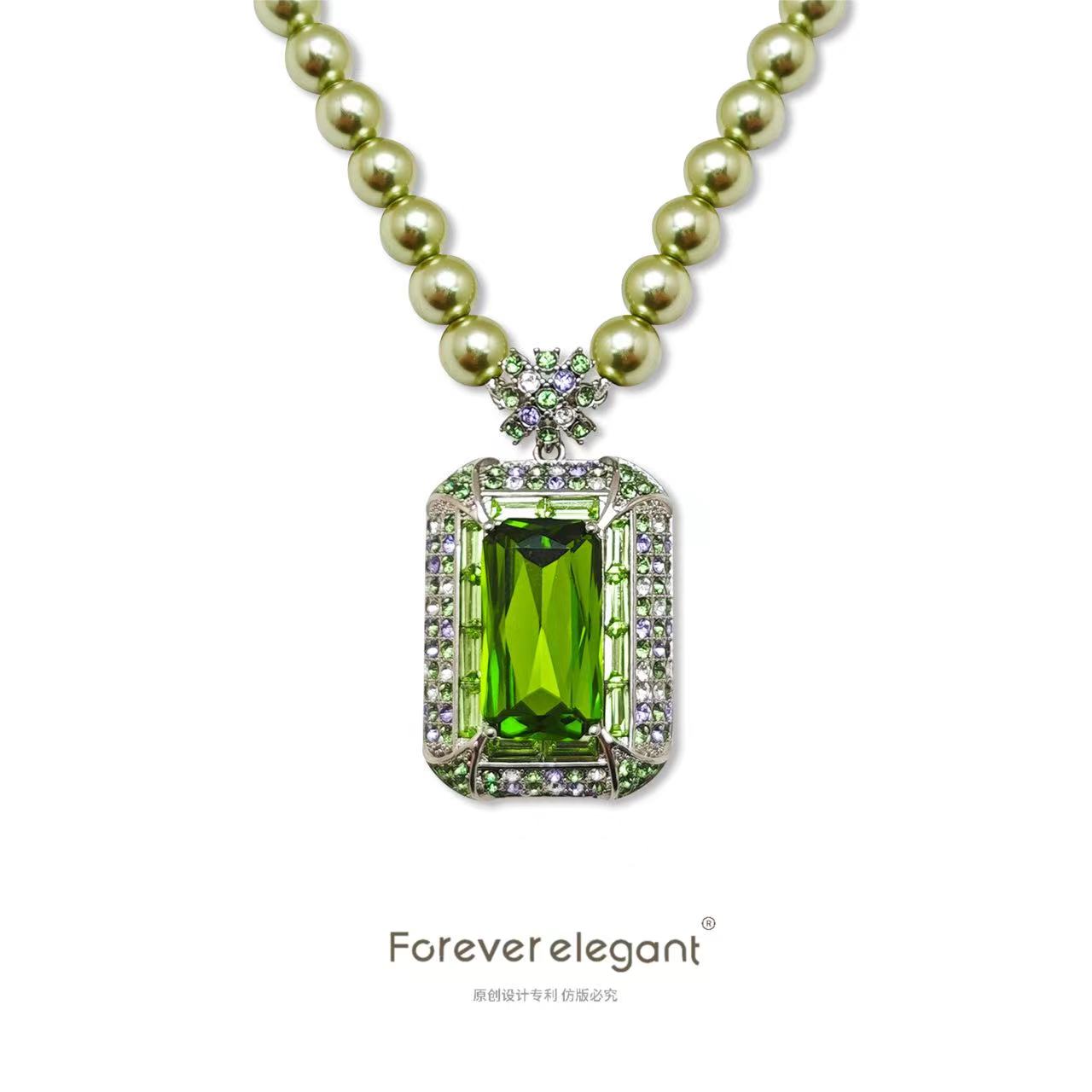 铜合金仿珍珠项链 小众设计师气质大气时尚橄榄绿色项链-雨林秘境