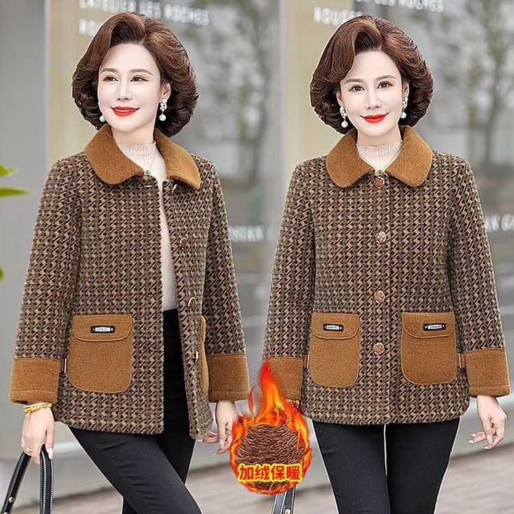 新款中老年妈妈冬装加绒加厚加绒外套洋气时尚大衣