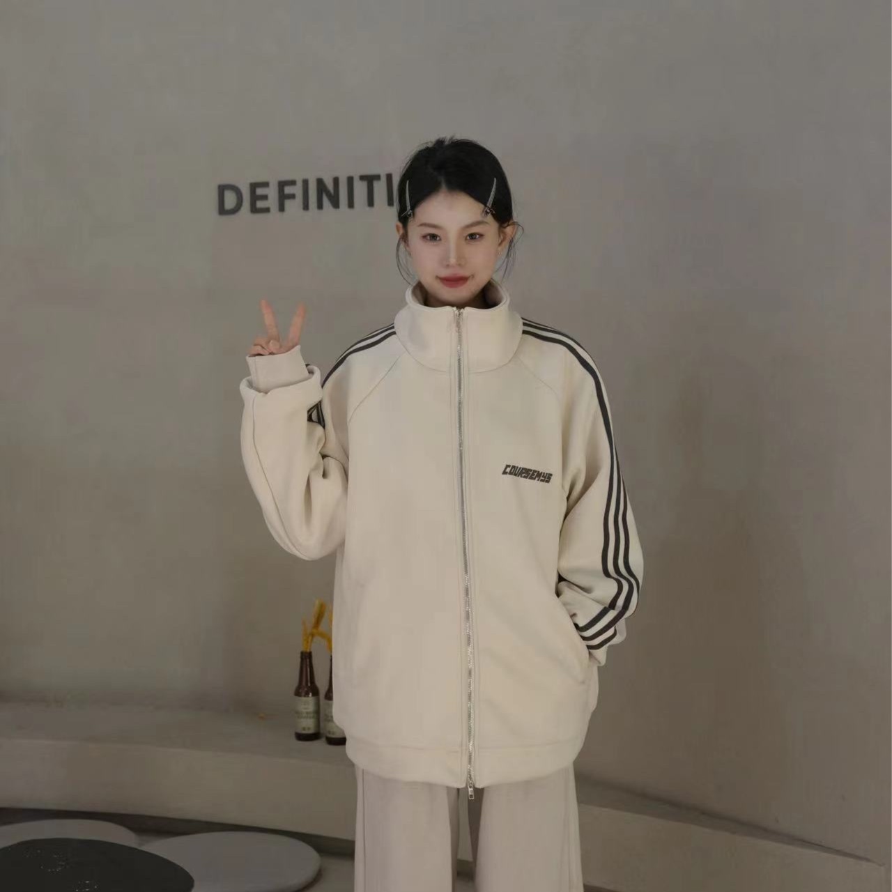 【XN】国潮牌情侣美式几皮条纹立领夹克宽松休闲拉链外套百搭无性别