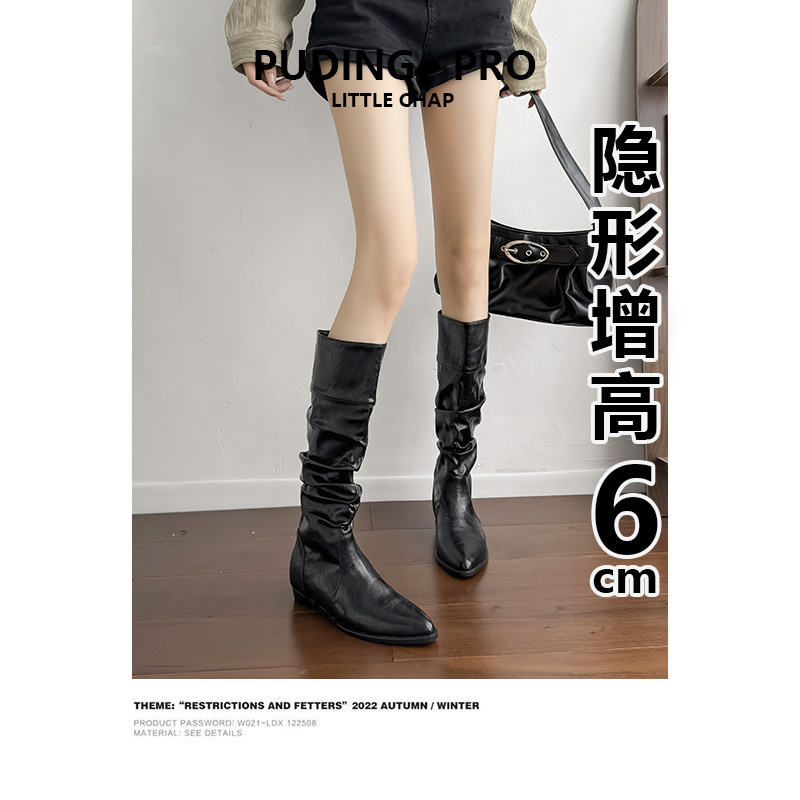 复古风内增高长筒靴堆堆靴女旅游穿搭秋季小个子显瘦西部牛仔靴女