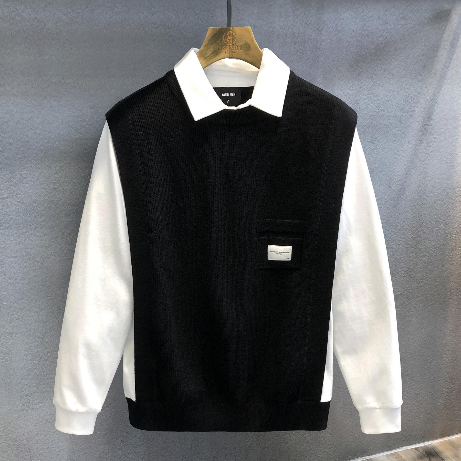 专柜设计款轻熟痞帅假两件针织衫男秋冬季新款线衣毛衣男士打底衫