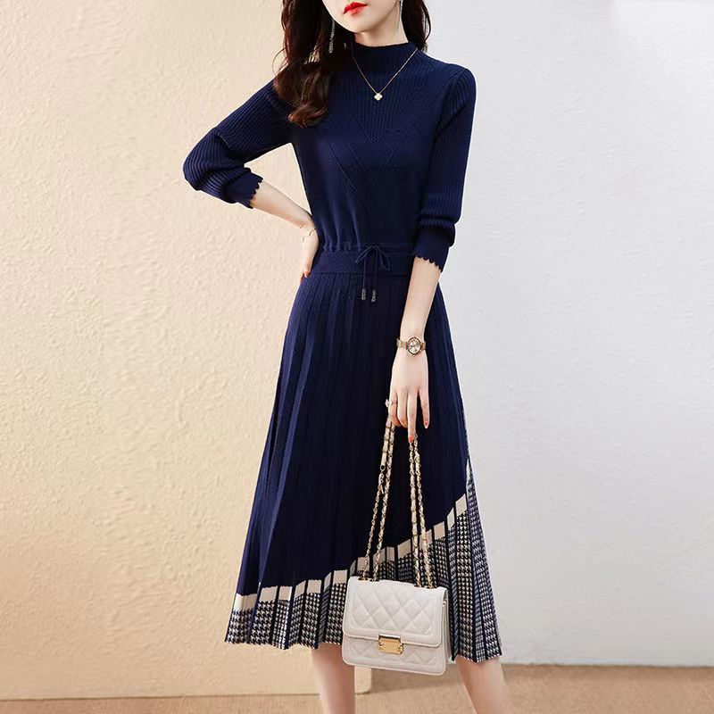D6290法式气质拼接针织连衣裙女秋装2024新款女装收腰显瘦毛衣裙