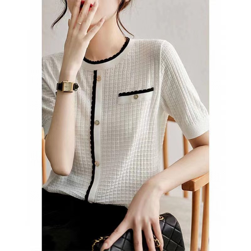 小香风冰丝针织衫女显瘦气质夏季新款高级设计感时尚短袖t恤上衣