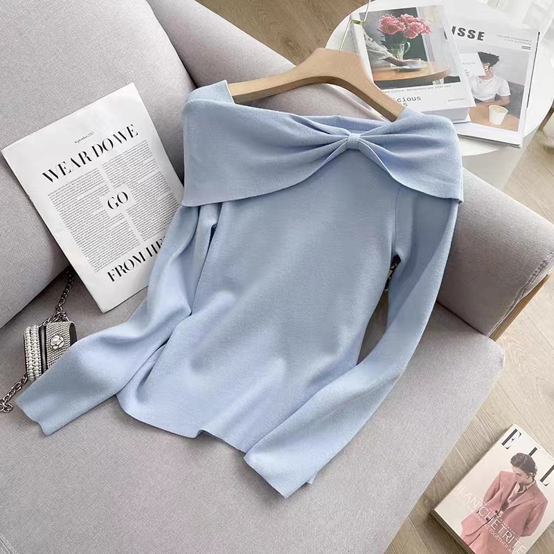 3842夏季新品冰丝针织衫一字肩上衣打底衫高级设计感纯色薄款长袖