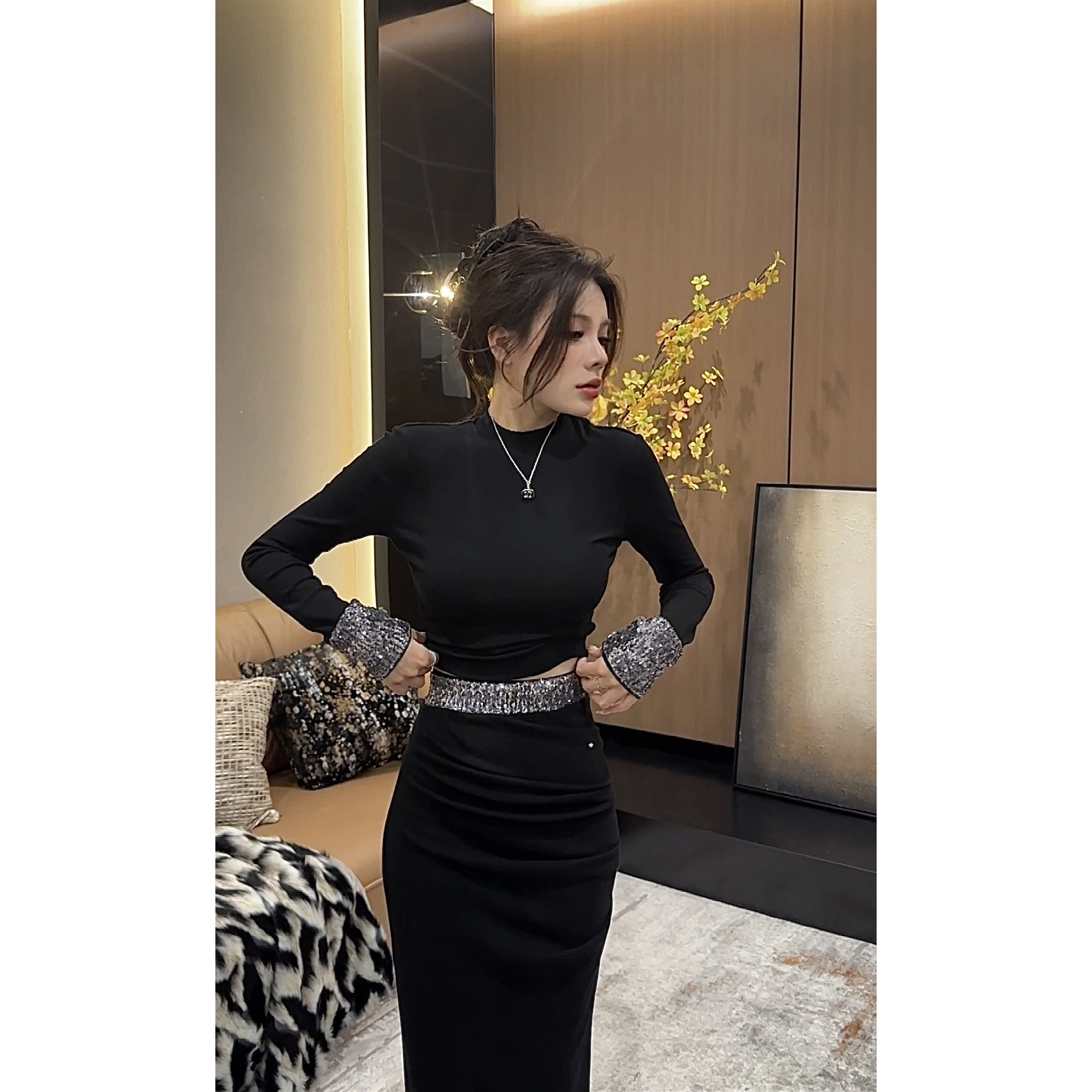 【苏苏】美式复古亮片镶边时尚银河系长袖修身时尚套装DT0701