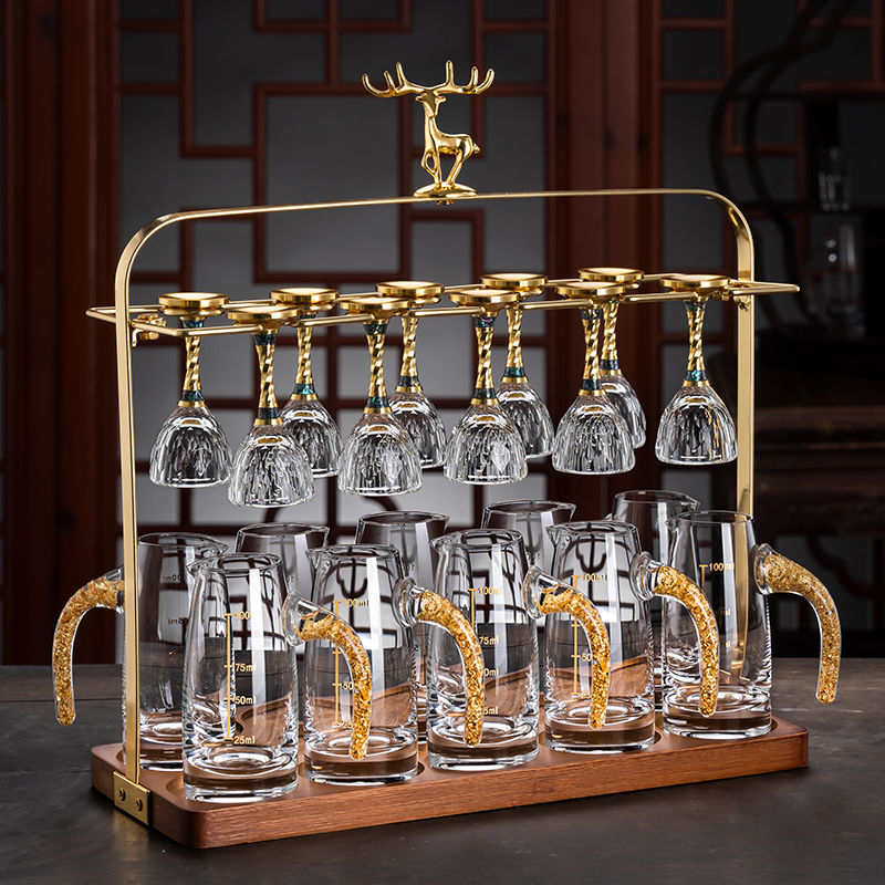 高颜值轻奢高档金箔水晶玻璃一口小白酒杯二两分酒器架子家用套装