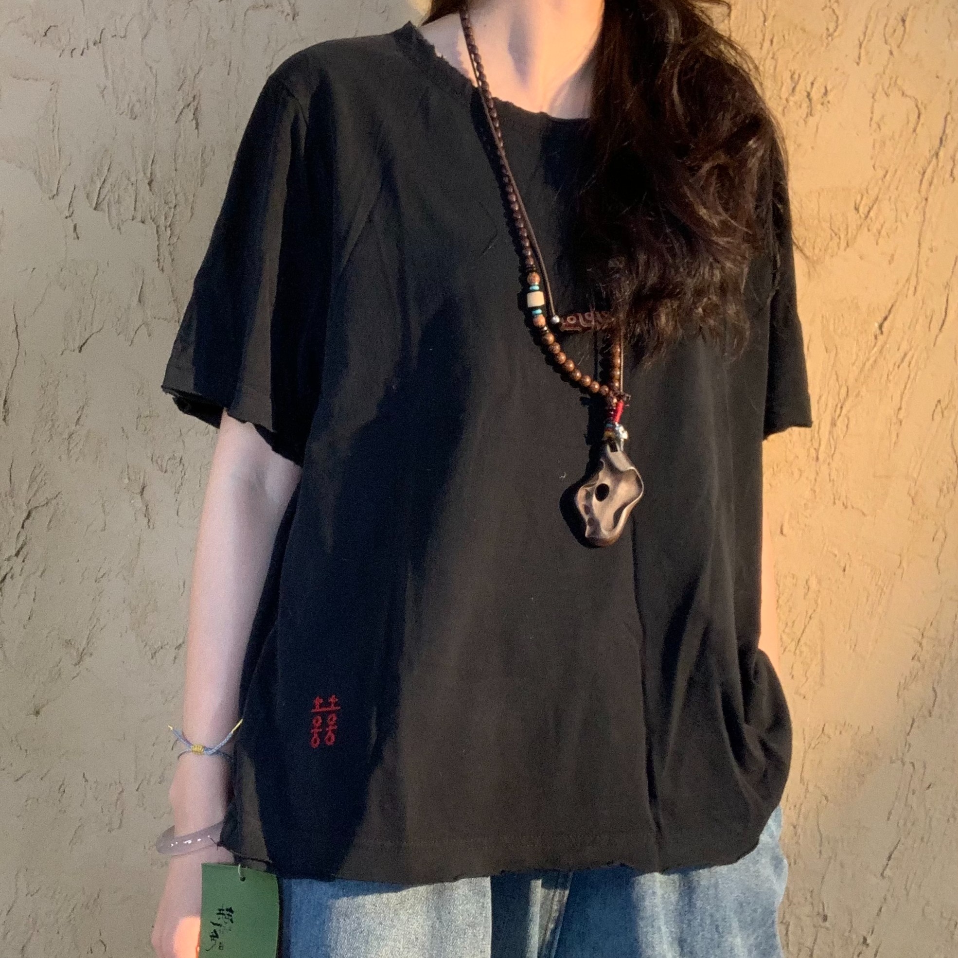 2025夏季新款T恤243350休闲百搭宽松纯色喜字上衣