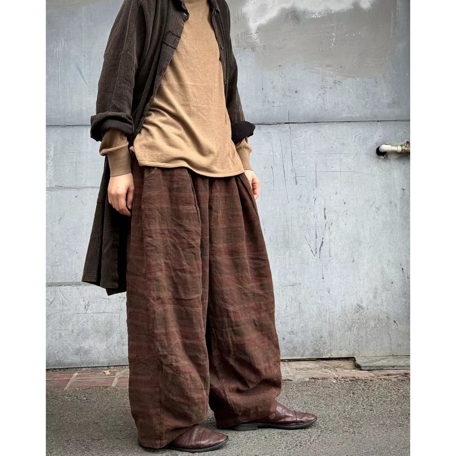 缺一色2024新款春秋双层色织亚麻休闲裤08371