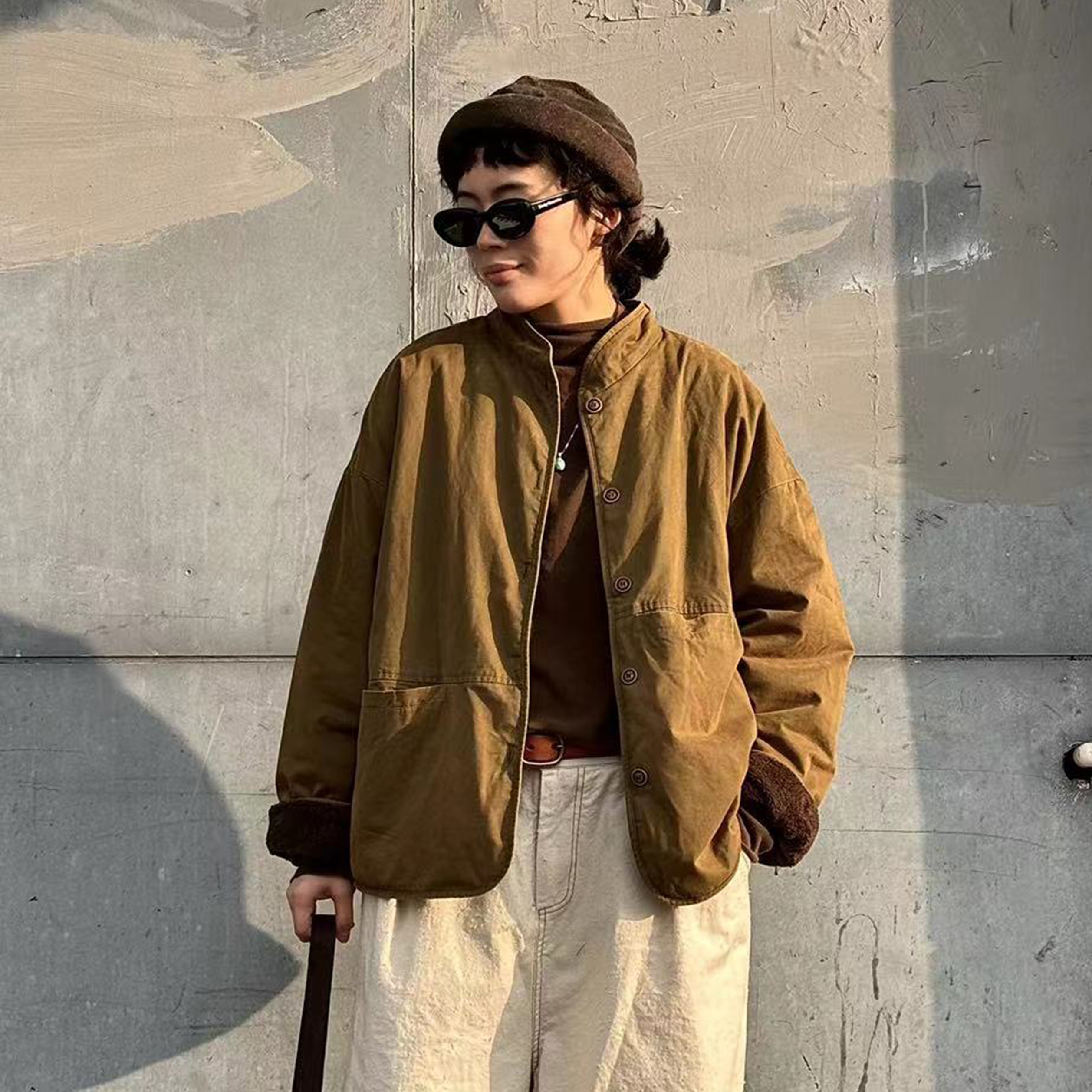 2024新款休闲时尚百搭棉衣08201宽松日系文艺纯色冬季双面穿棉衣