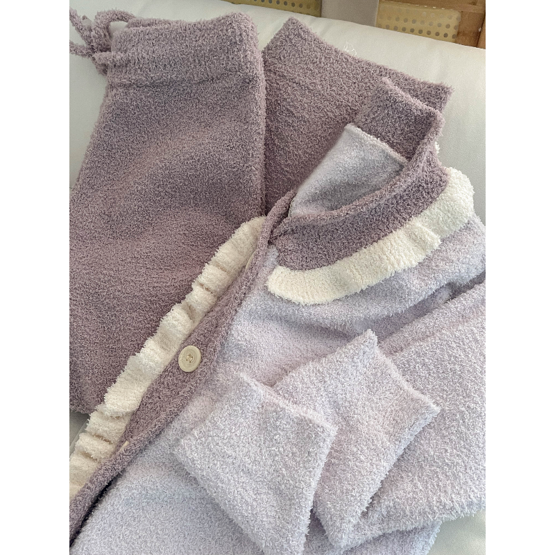 家居服加绒加厚套装木耳边针织睡衣女冬款2023年新款少女甜美撞色