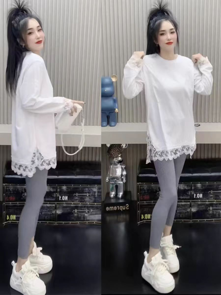 时尚设计感显瘦宽松长袖蕾丝拼接大版打底衫中长款T恤