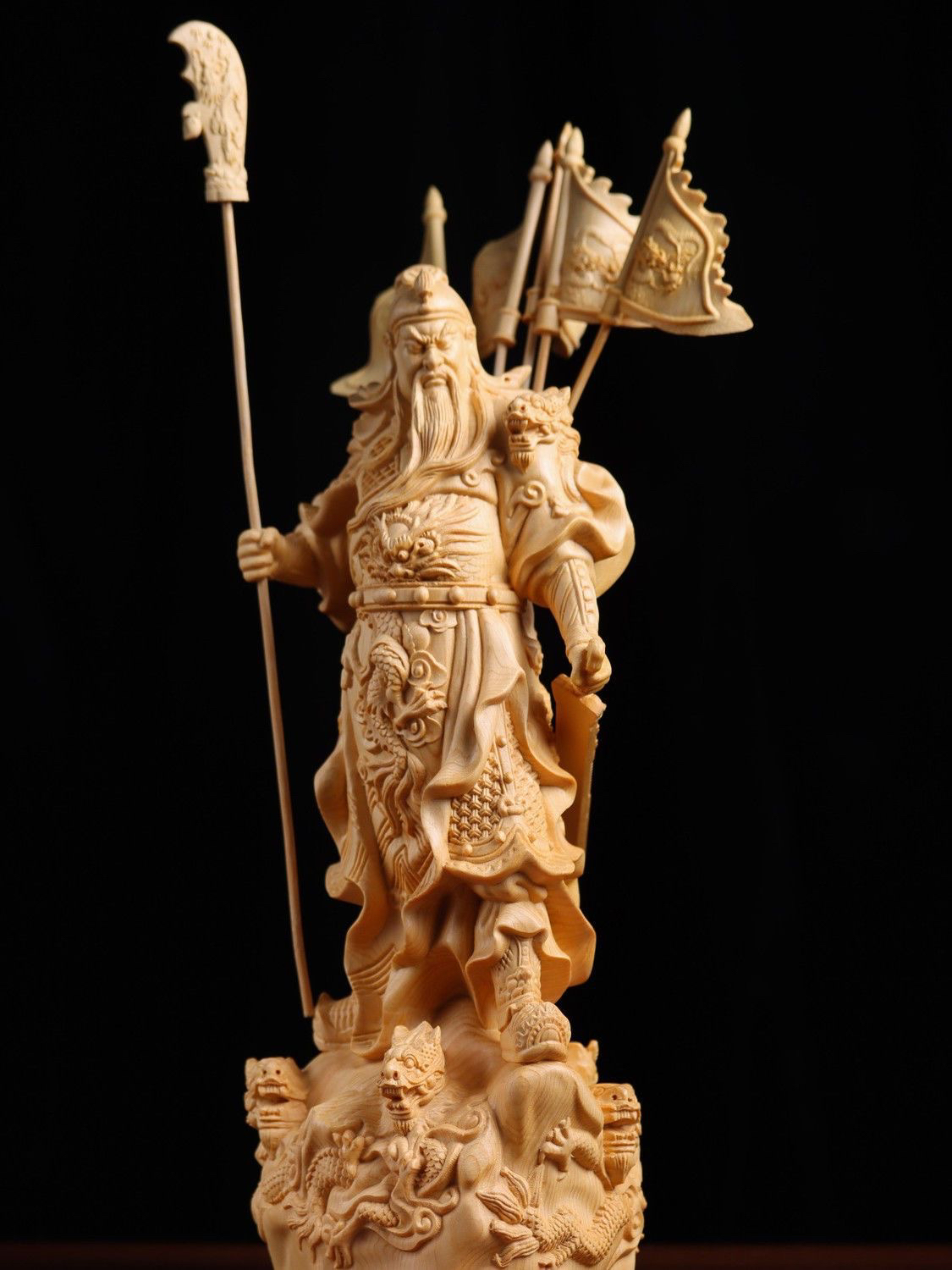 桧木精雕实心实木工艺品摆件九龙五旗关公家居客厅办公室精品摆件