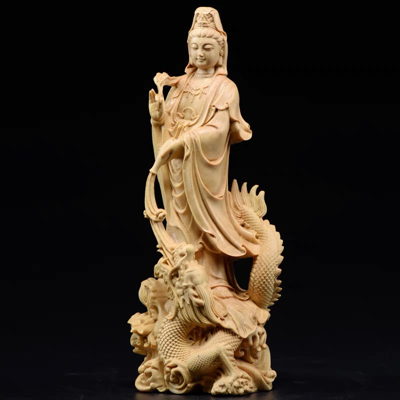 天然黄杨木雕御龙观音菩萨摆件木质雕刻工艺品家用观世音装饰摆件