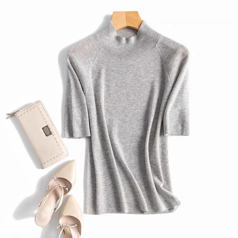 半高领针织时尚百搭纯色中袖圆领修身