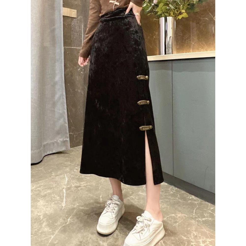 【新年战裙】新中式石绒拼接盘扣半身裙女秋冬复古高腰显瘦开叉气