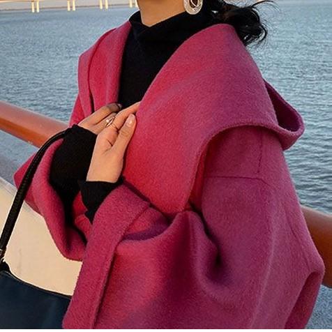 玫红色双面呢大衣女年秋冬季新款韩版连帽毛呢外套中长款洋气百搭